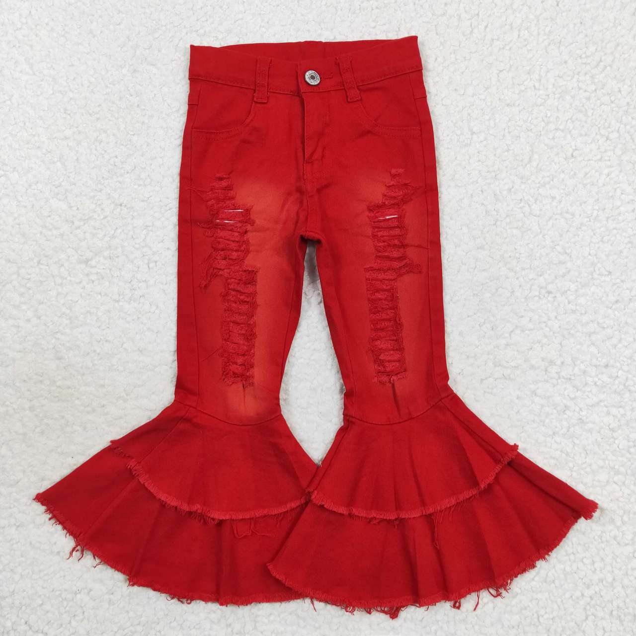 Double Ruffle Jeans red distressed double ruffle jeans bell bottoms – aierwhoesalekidsclothes