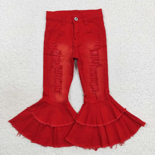 red distressed double ruffle jeans bell bottoms