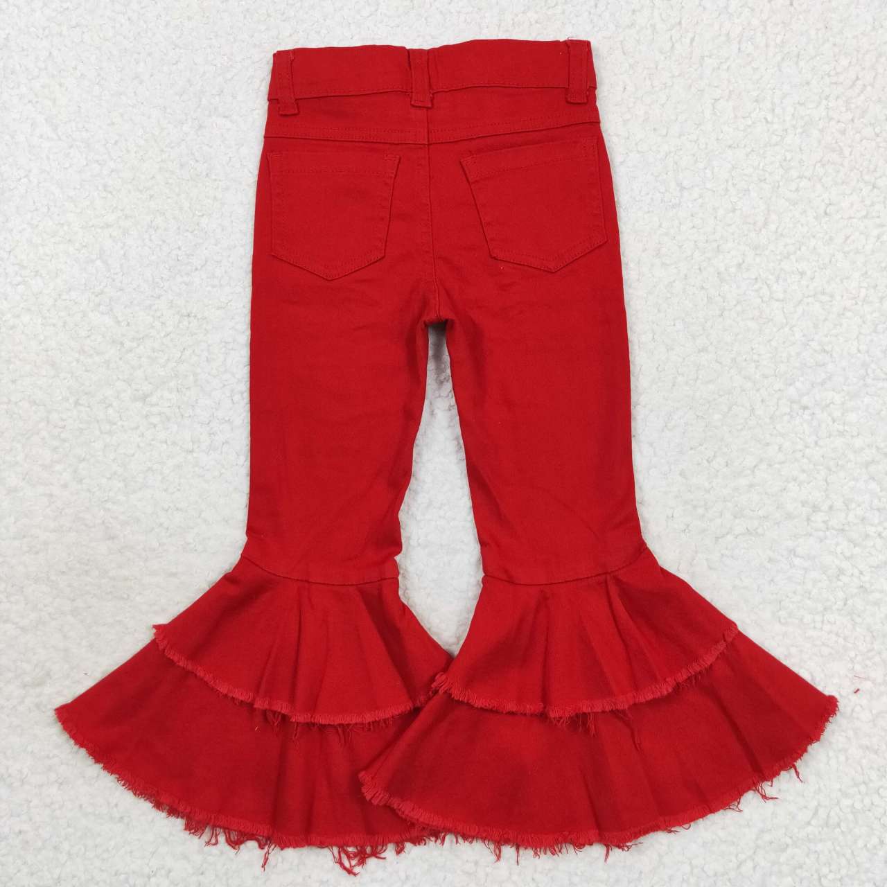 red distressed double ruffle jeans bell bottoms