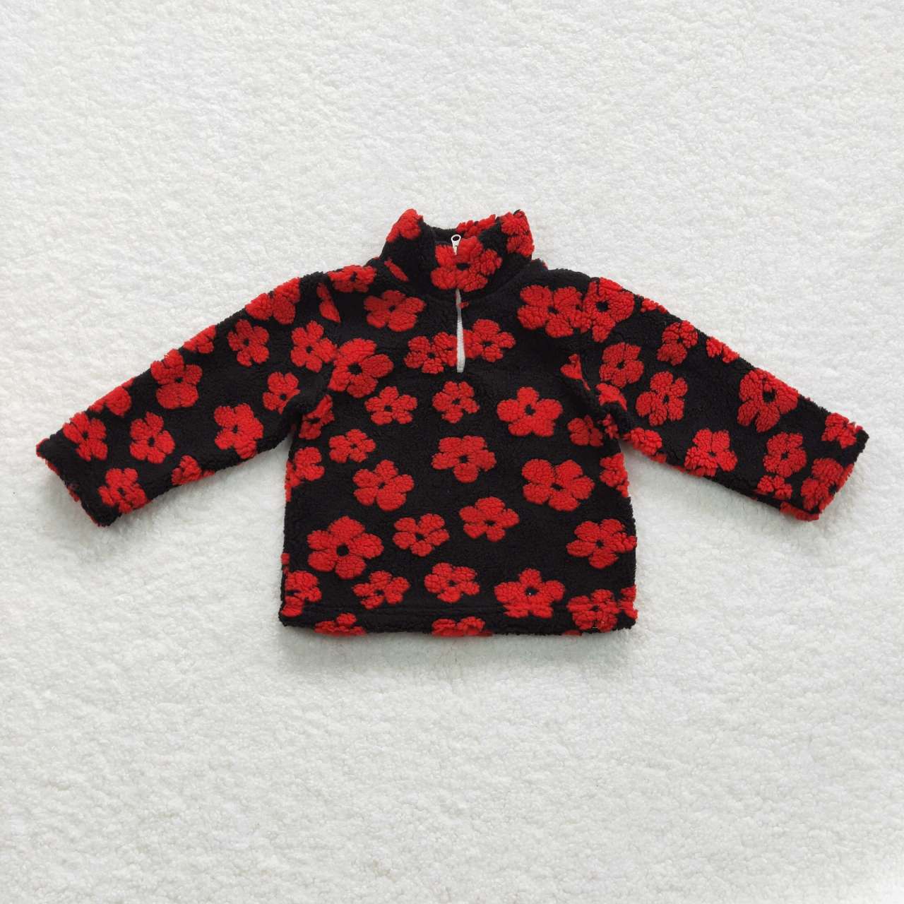 Red black flower Sherpa jacket pullover coat