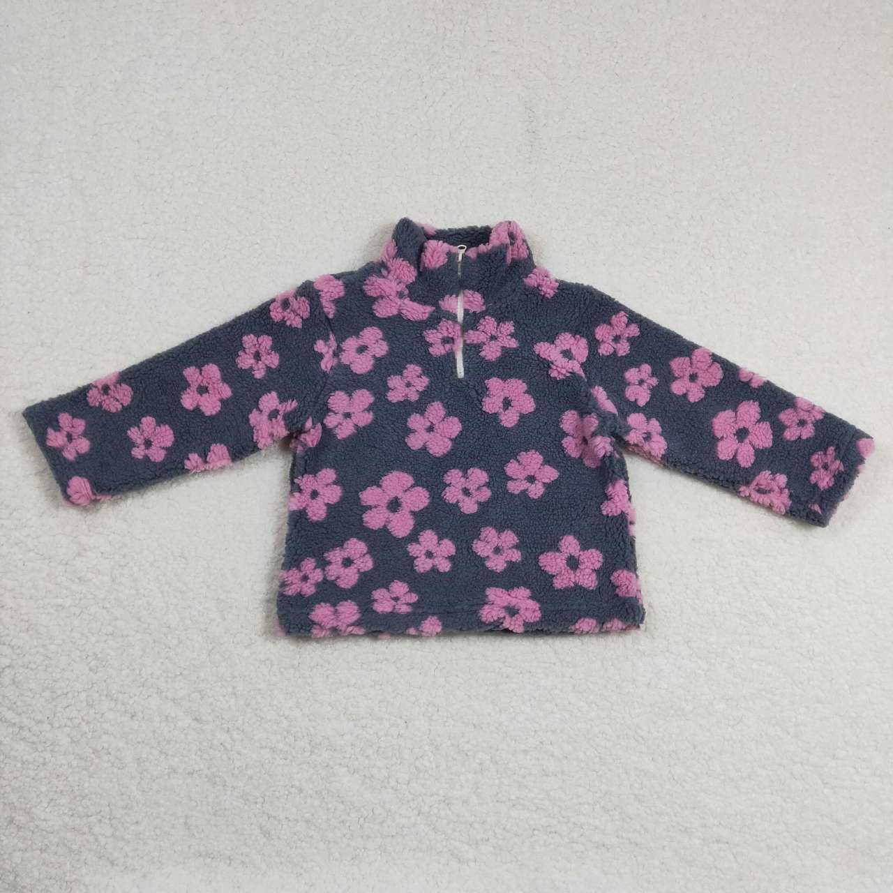 grey pink flower Sherpa jacket pullover coat