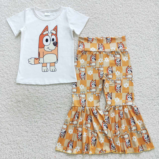 Girls Cartoon orange dog Bell bottom pants clothing set kids wholesale