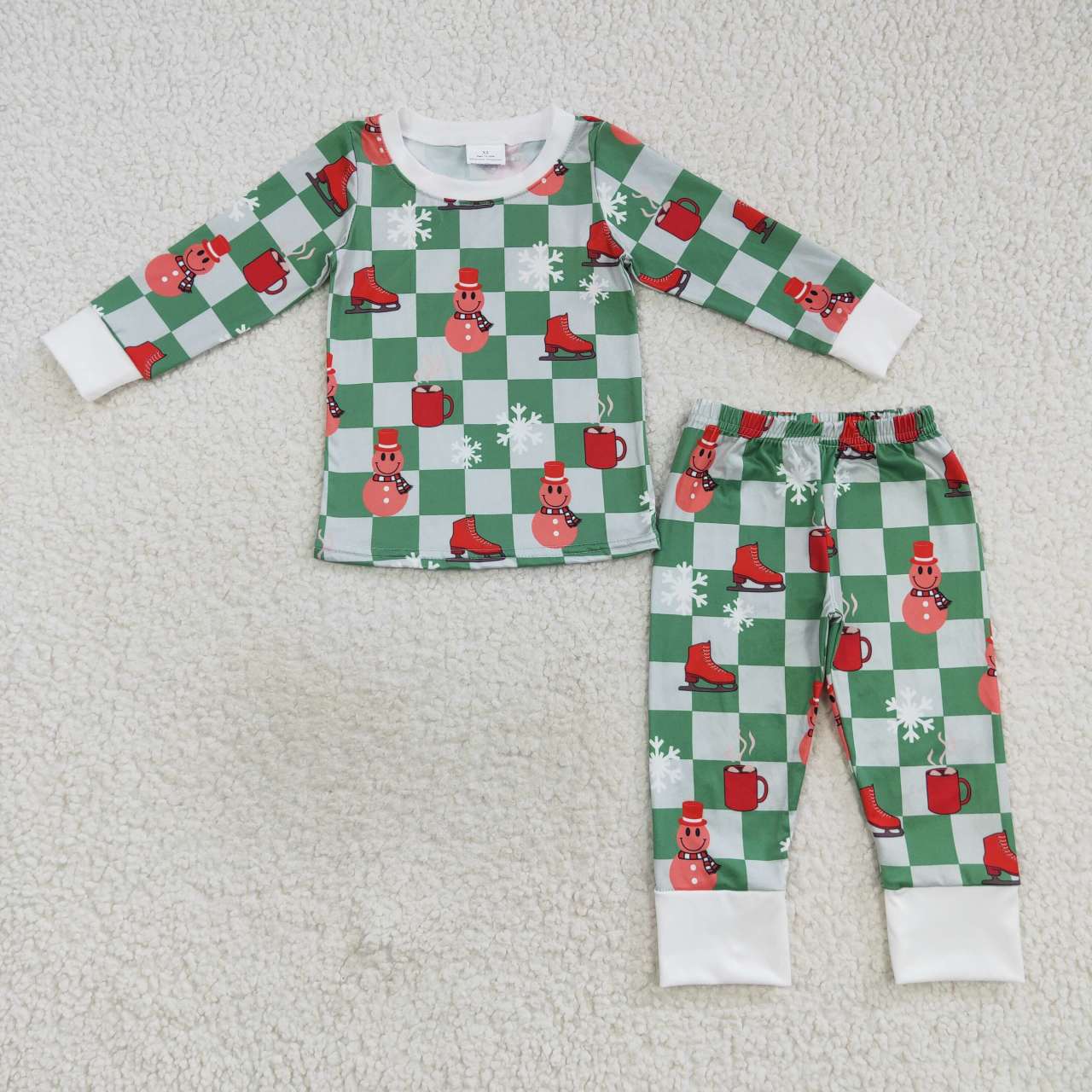 Smile face green checkered Christmas pajama set