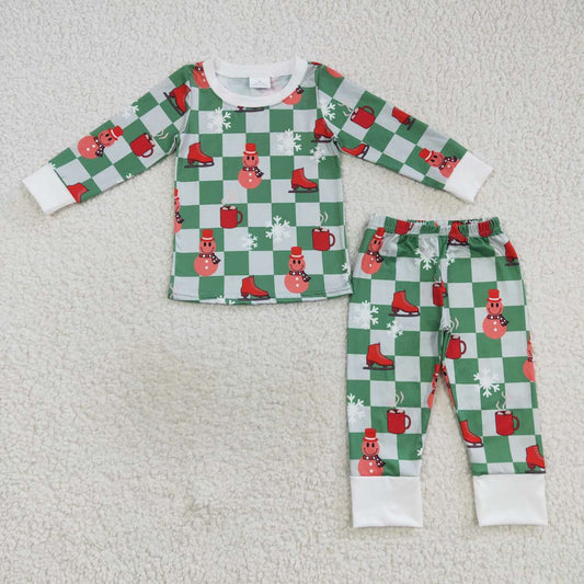 Smile face green checkered Christmas pajama set