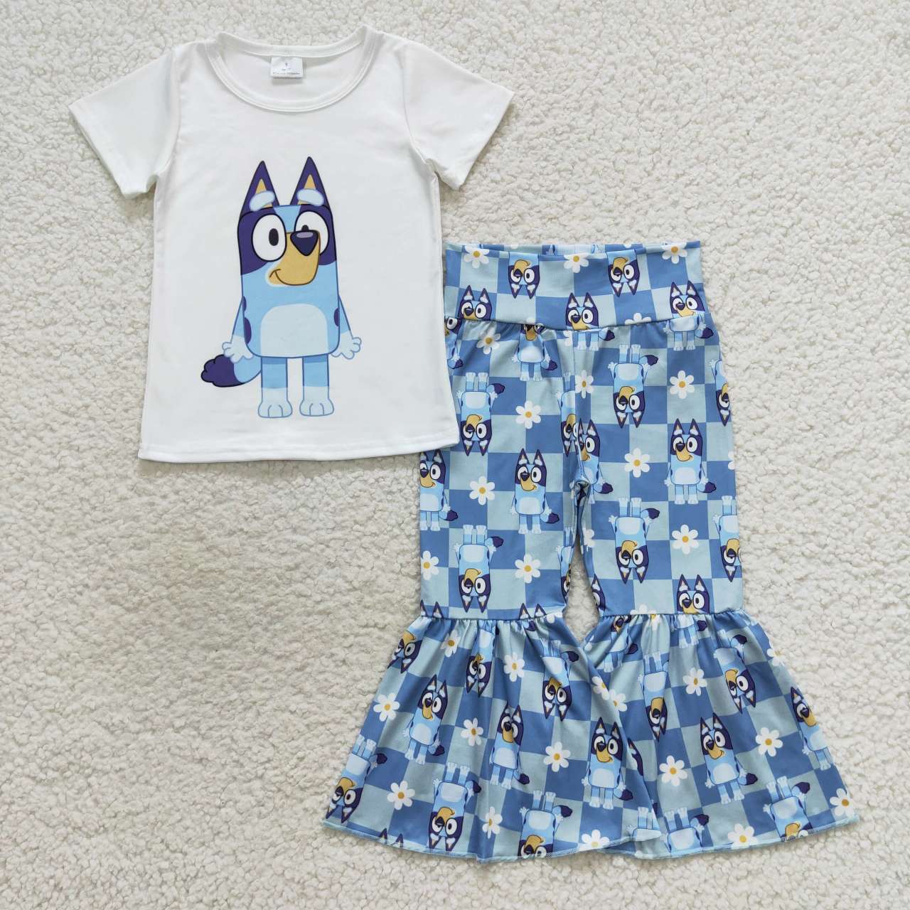 Blue cartoon dog checkered pants clothing set kids wholesale