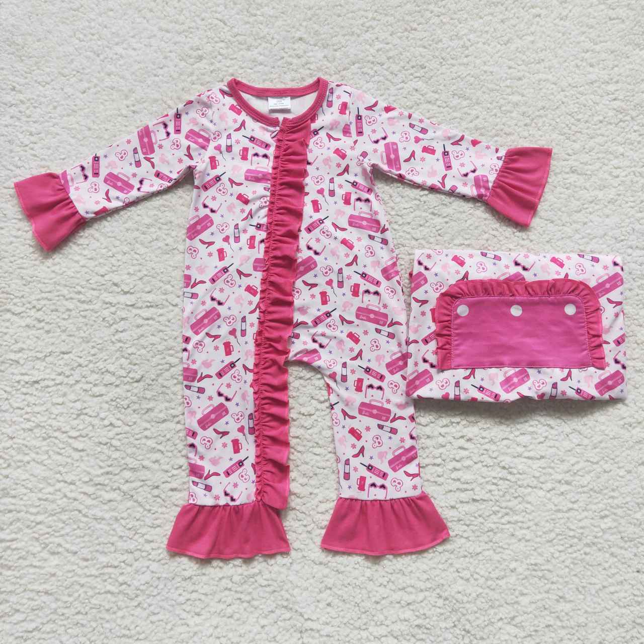 Pink doll long sleeve zip romper