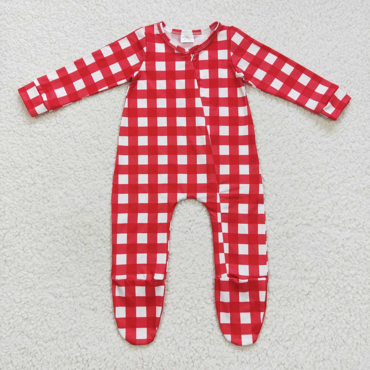 red plaid long sleeve zip romper