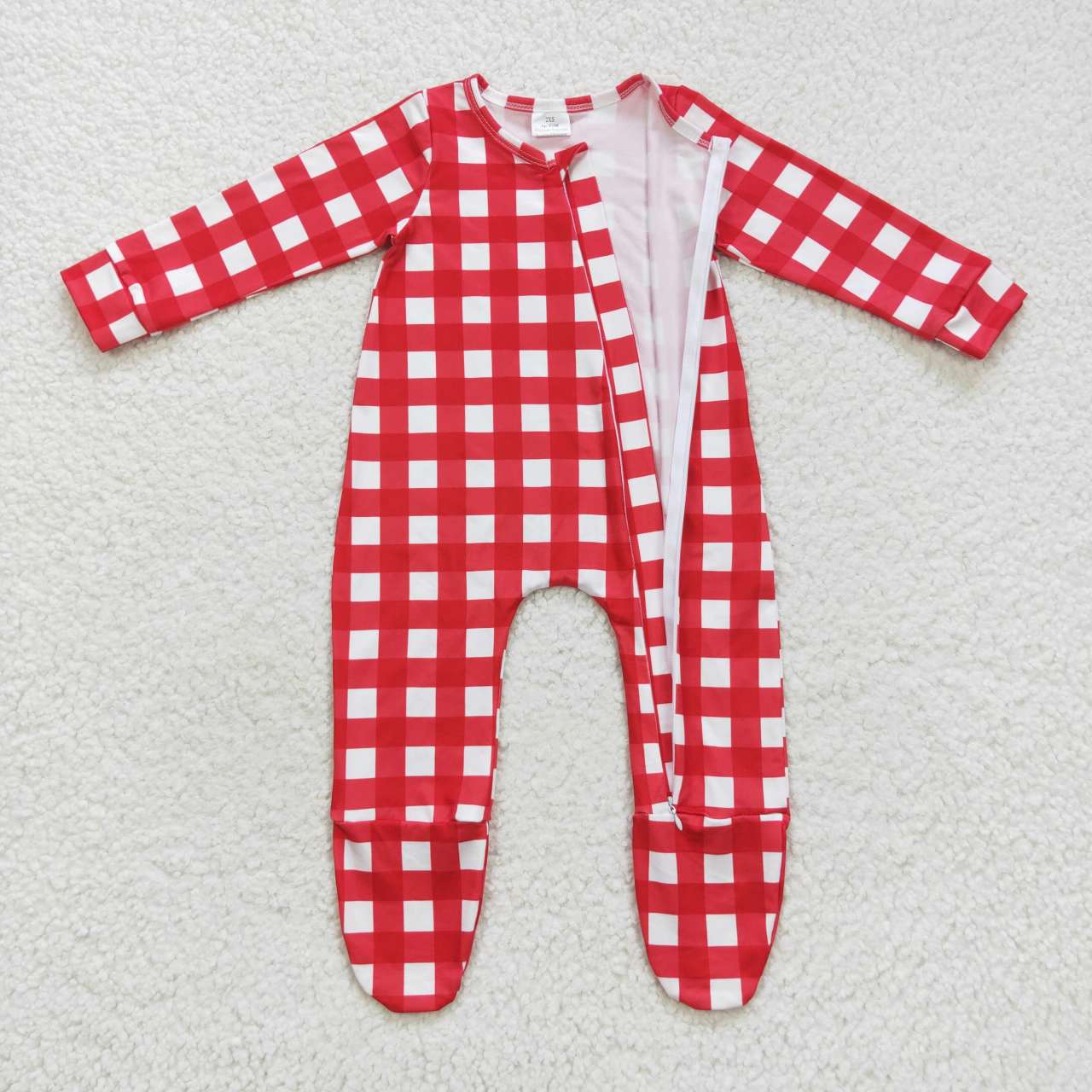 red plaid long sleeve zip romper