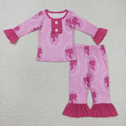 Pink doll design long sleeve milk silk pajama set
