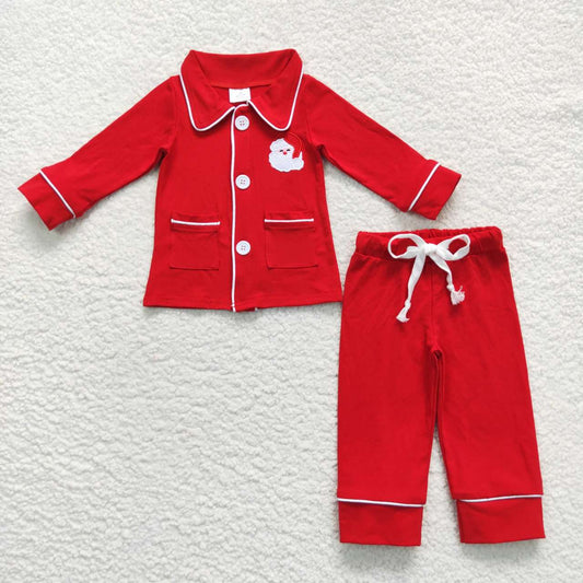 Boy Embroidery Christmas Santa Claus button down pajama set