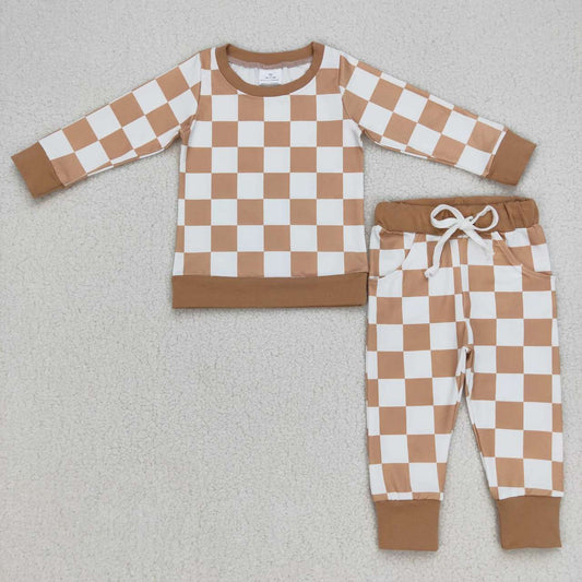 Khaki checkered long sleeve clothes set