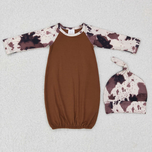 brown cowhide long sleeve newborn gown hat 2pcs