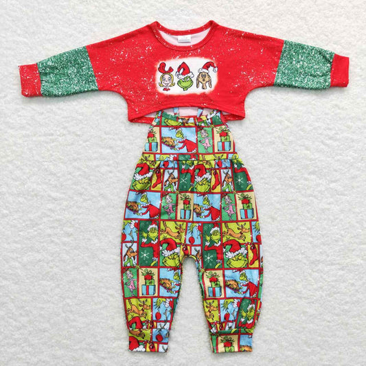 Christmas green face long sleeve top matching jumpsuit pants 2pcs clothes set