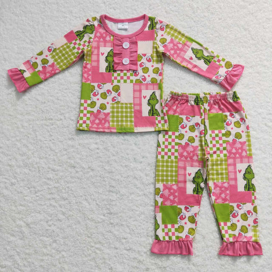 baby girls Christmas green face pajama sets