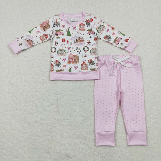 Christmas house tree top matching pants pink outfit