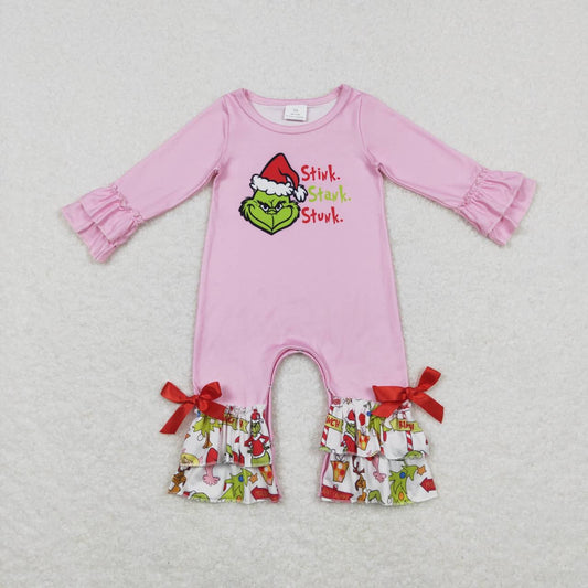 Christmas green face pink long sleeve romper