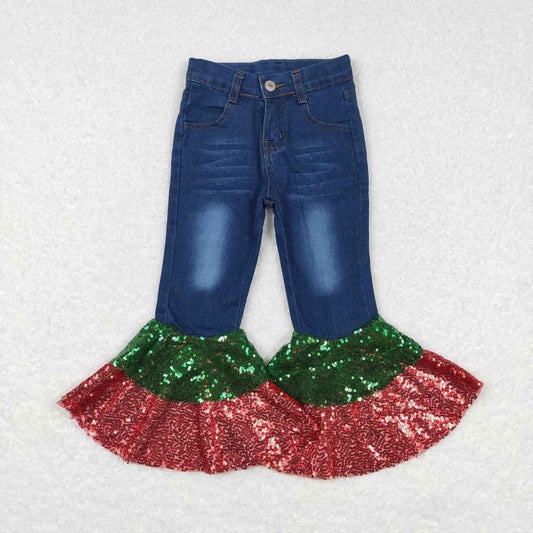 baby girls red green ruffle blue Christmas denim pants
