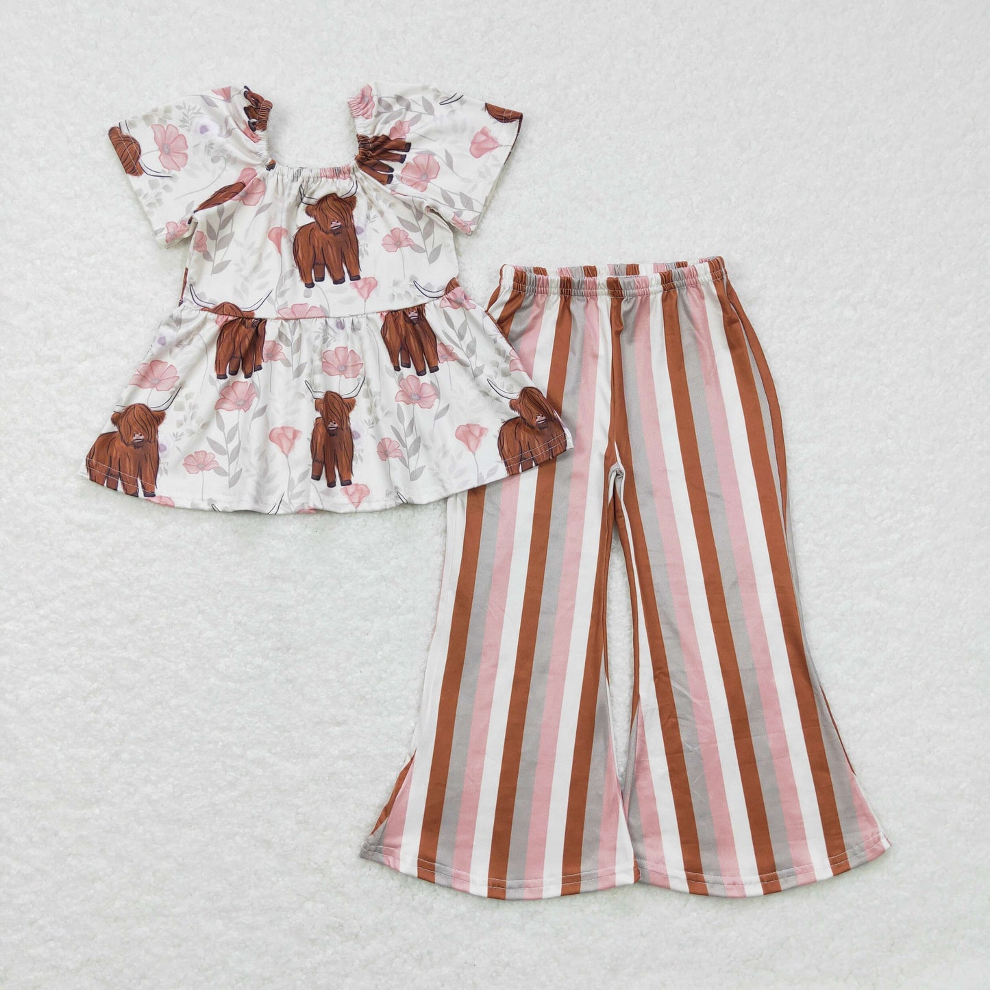 Girls long sleeve highland cow top stripes bell bottoms clothing set