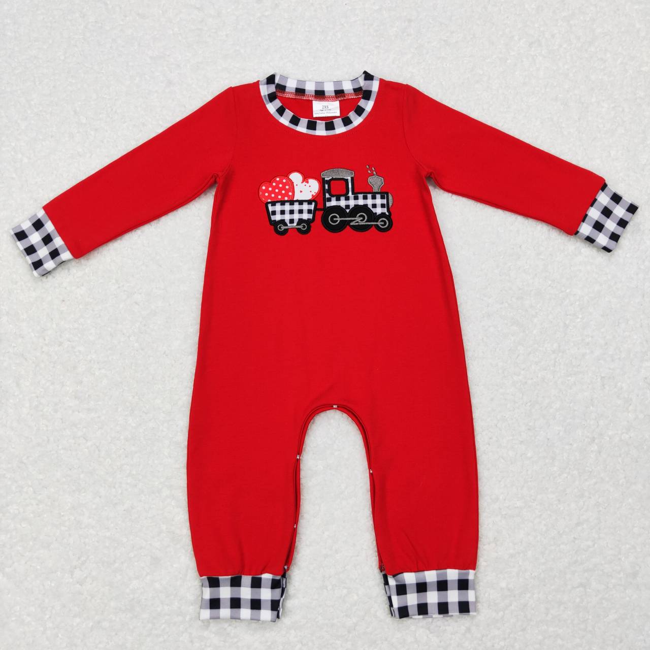 Boy Valentines day embroidery tractor long sleeve romper