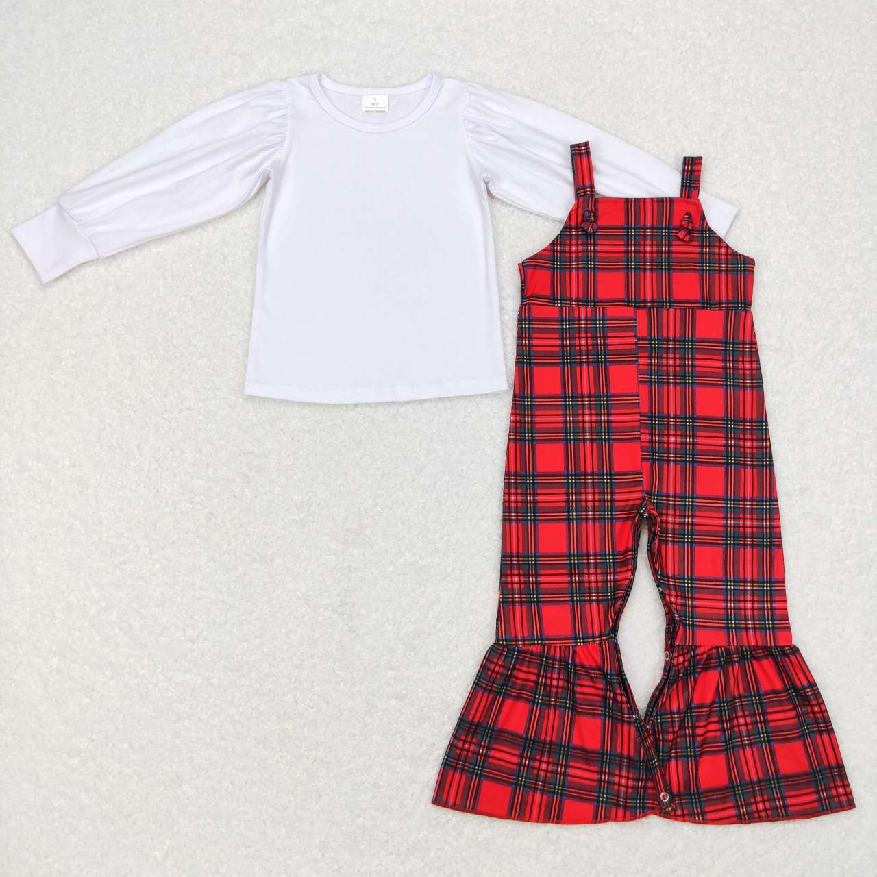 baby girls white top red green plaid suspender pants outfit
