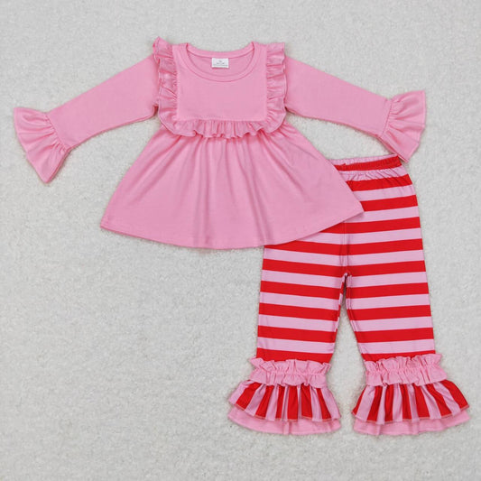 pink long sleeve top stripes ruffle pants Valentines day outfit