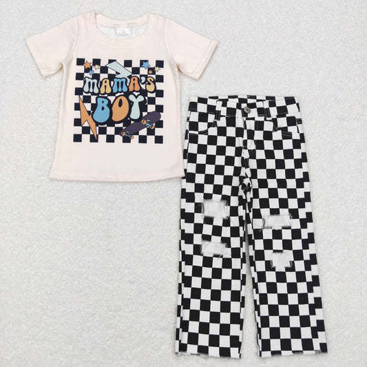 mamas boy short sleeve top black checkered jeans pants outfit