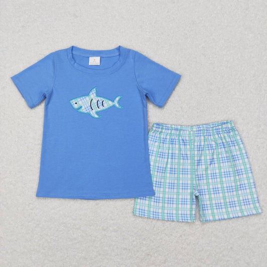 baby boy short sleeve embroidery fish print summer outfit