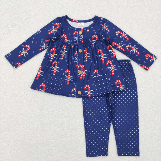 Christmas candy cane top navy dots leggings outfit
