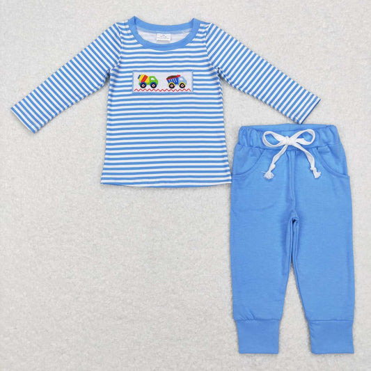 baby boy blue stripes construction outfit
