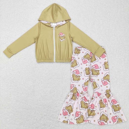baby girls long sleeve green face coat top matching pants Christmas outfit