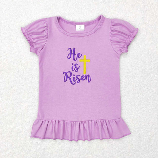 Embroidery he is risen easter baby girls short sleeve shirt