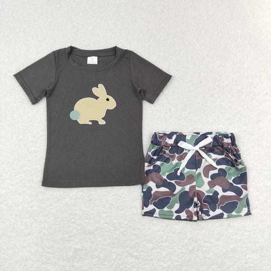 embroidery Easter top camo shorts outfit