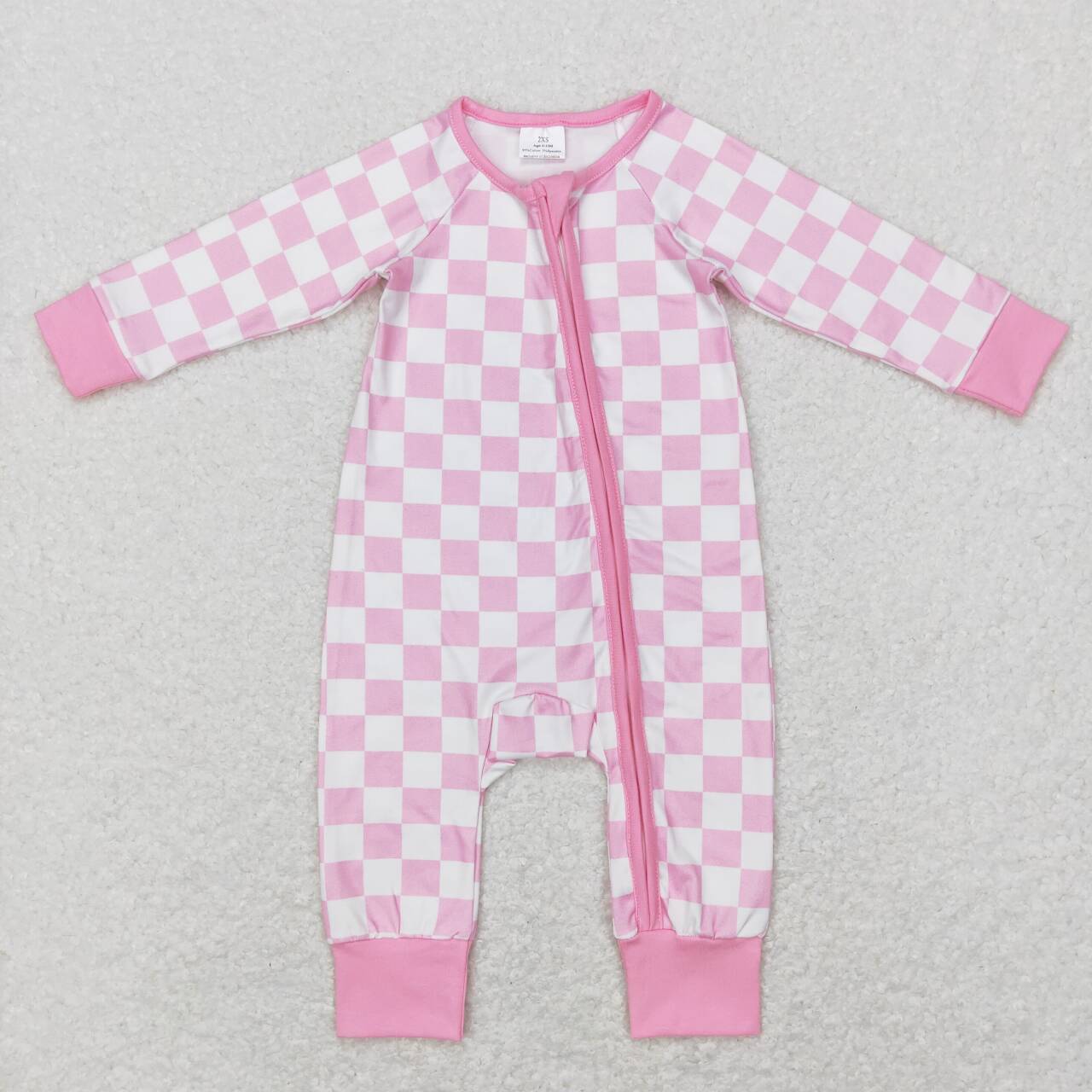 pink white checkered zip romper