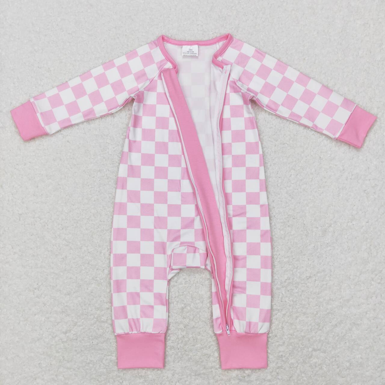 pink white checkered zip romper