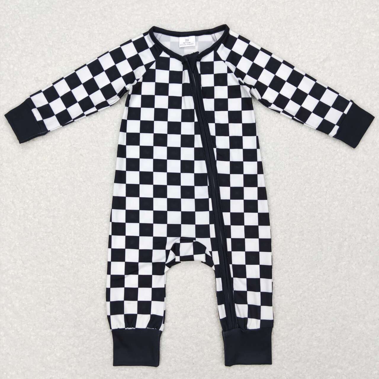 black white checkered zip romper