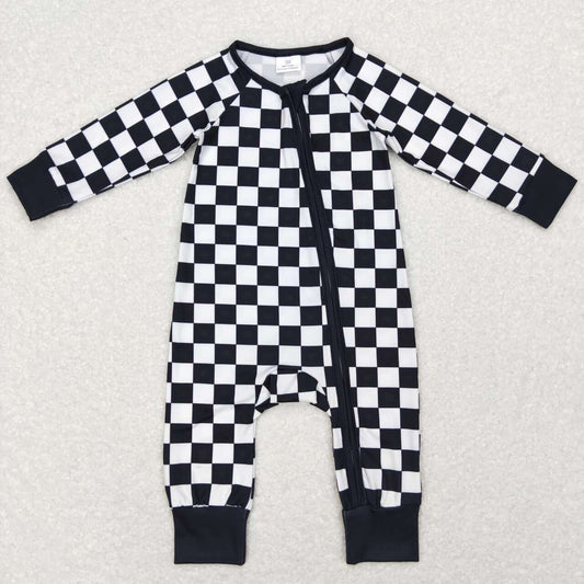 black white checkered zip romper