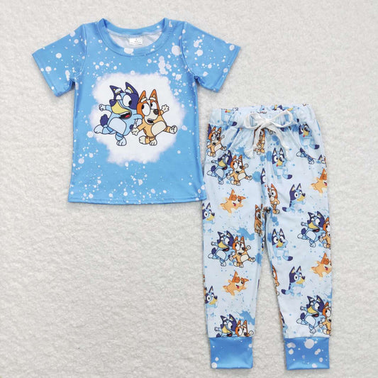 boy blue dog cartoon short sleeve outfit