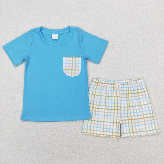 baby boy blue pocket top plaid shorts summer outfit