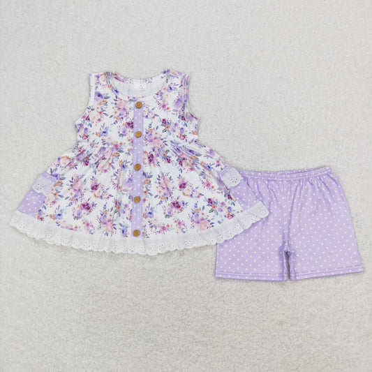 lavender floral top polka dots shorts outfit