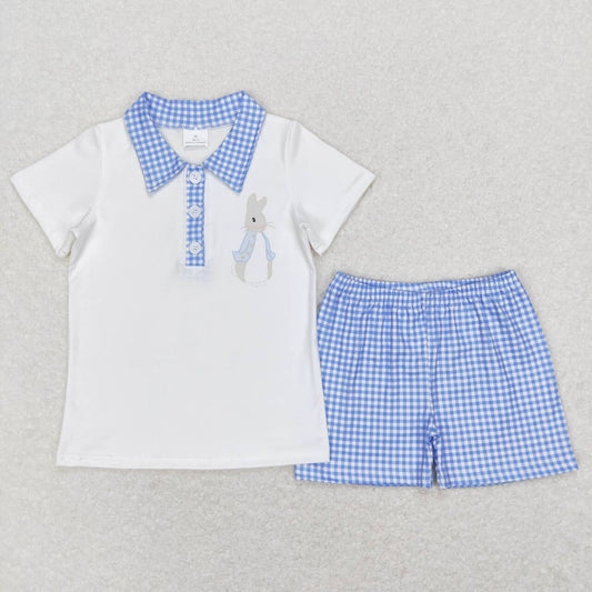 baby boy Easter bunny polo shirt blue shorts outfit