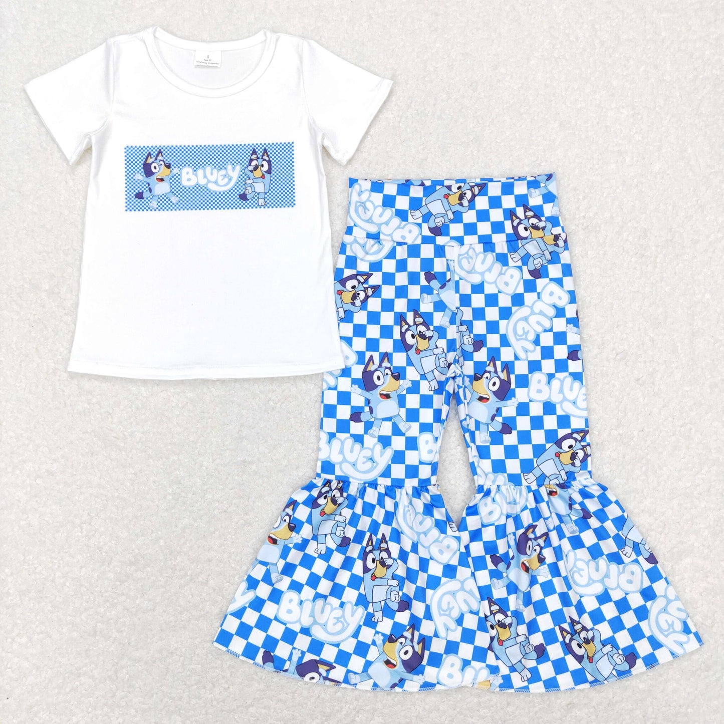 blue cartoon dog top blue checkered bell  bottoms outfit