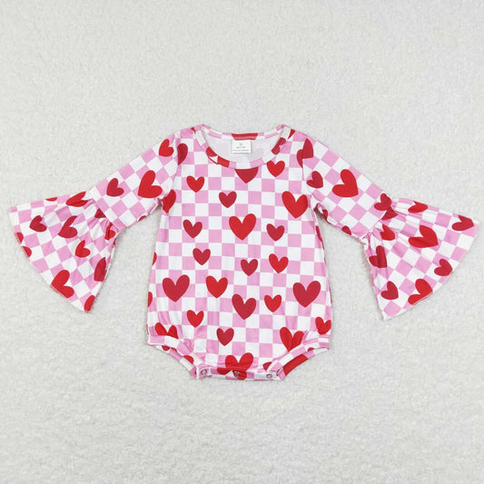red heart pink checkered valentines day long sleeve romper