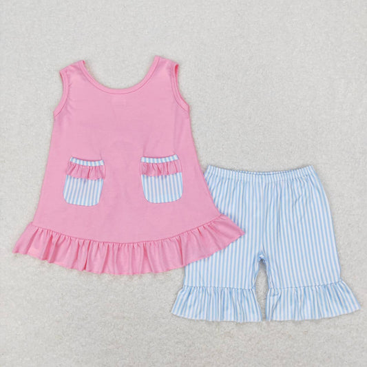 pink pocket top blue stripes shorts outfit