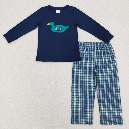 baby boy embroidery mallard duck top plaid leggings outfit