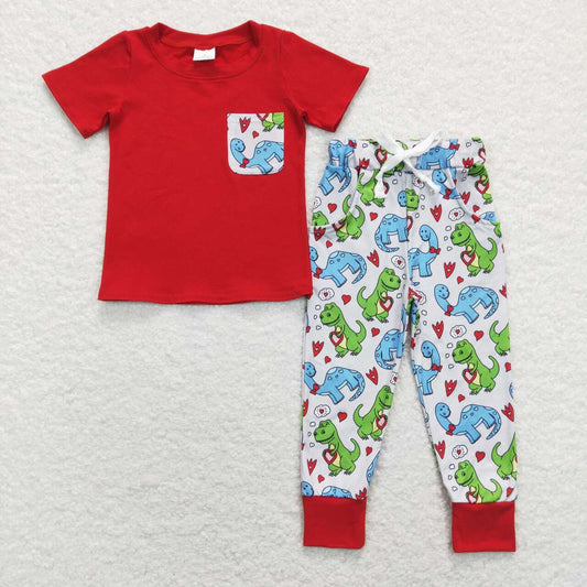 boy Valentines day short sleeve dinosaur outfit