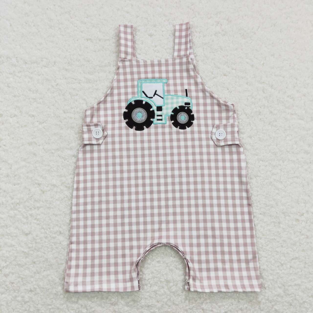 khaki gingham baby boy farm tractor romper