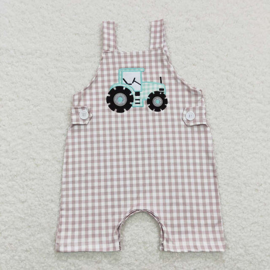 khaki gingham baby boy farm tractor romper