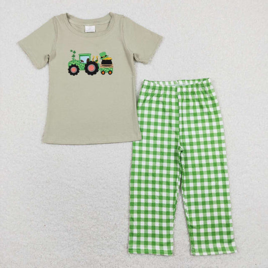 Saint Patrick's Day boy clover tractor outfit