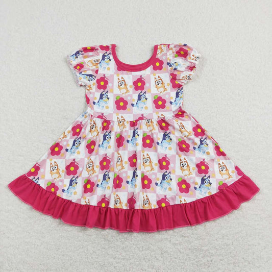 flower girls cartoon blue dog milk silk dress