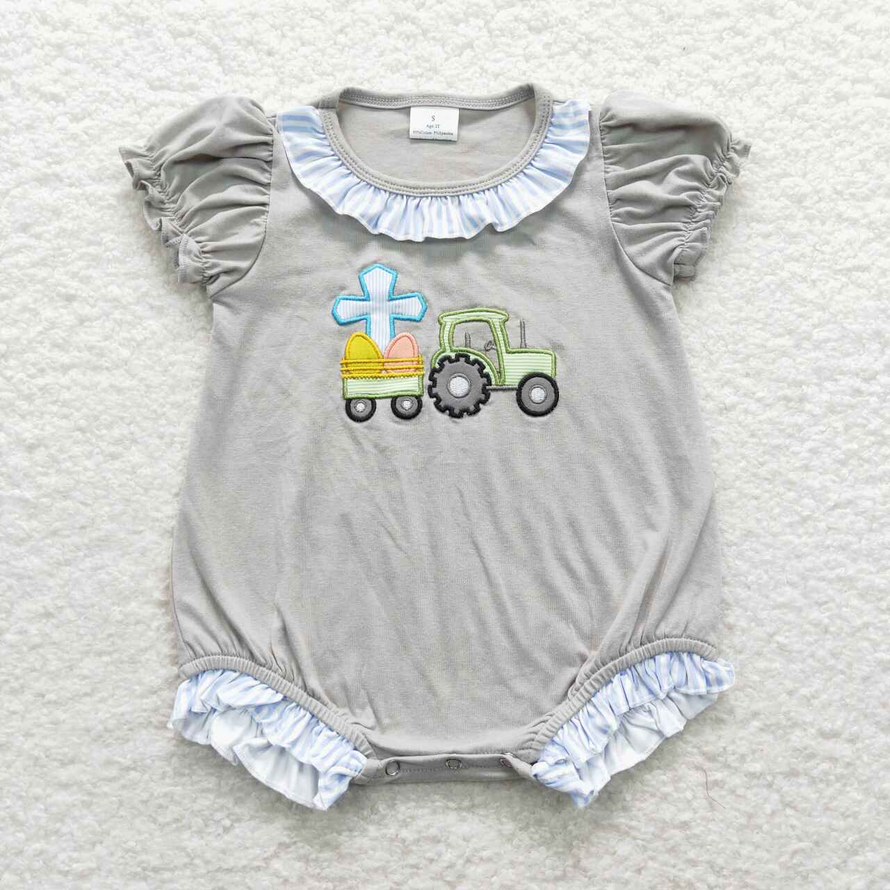 girls embroidery Easter tractor egg short sleeve romper